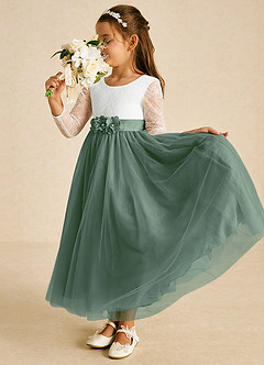 Azazie Mae Flower Girl Dresses Ivory Eucalyptus A-Line Bow Tulle Dress image3
