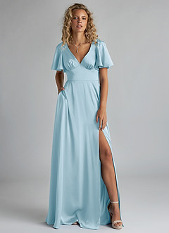 Azazie Kimber Robes de demoiselle d'honneur Robe Trapèze en Satin extensible Rayé Bleu Ciel image1