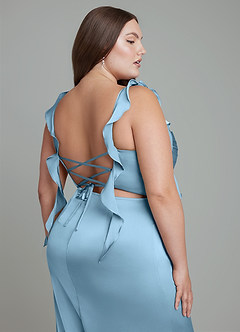 Azazie Jessamine Jurken voor bruidsmeisjes Jurk van Stretch Satijn met Kolom Korset Staal Blauw image14