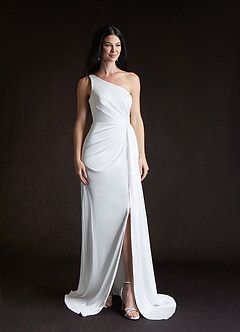 Azazie Tipton At-home Try On Dresses Diamond White Sheath One Shoulder Crepe Back Satin Dress image1