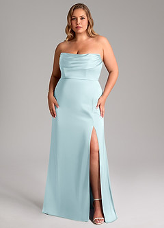 Azazie Saige Bridesmaid Dresses Cloud Blue Sheath Off the Shoulder Stretch Satin Dress image16