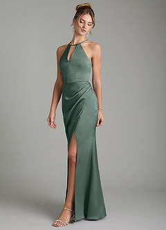 Azazie Aidyn Bridesmaid Dresses Sea Moss Sheath Pleated Stretch Satin Dress image4