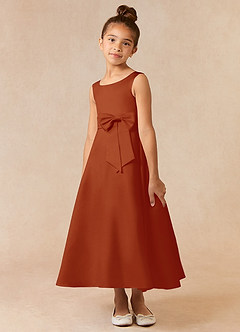 Azazie Lindy Flower Girl Dresses Paprika A-Line Pleated Matte Satin Dress image3