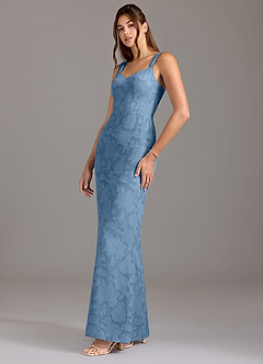 Azazie Denice Bridesmaid Dresses Steel Blue A-Line Pleated Floral Burnout Dress image3