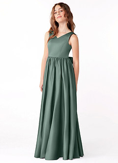 Azazie Hathaway Junior Sea Moss A-Line Bow Stretch Satin Dress image4