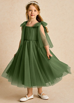 Azazie Dori Robe Demoiselle D'honneur Fillette Robe Trapèze en Tulle Rayé Olive image5