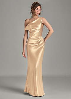 Azazie Emerson Brudtärnklänningar Klä av Sjöjungfru i Metallisk satin Av axeln Guld image4