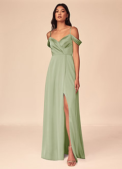 Azazie Ocean Bridesmaid Dresses Dusty Sage A-Line V-Neck Pleated Stretch Satin Dress image1