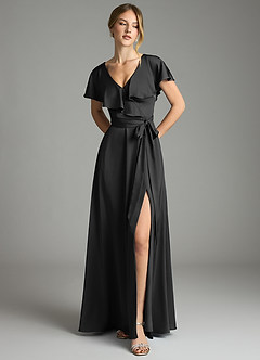 Azazie Lainey Bridesmaid Dresses Black A-Line with Pockets Stretch Satin Dress image3