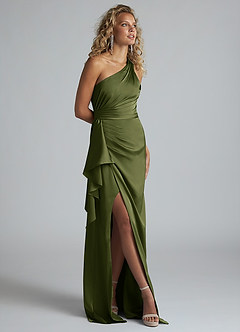 Azazie Maive Bridesmaid Dresses Olive Sheath Ruched Stretch Satin Dress image2