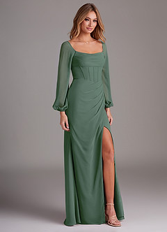 Azazie Charissa Bridesmaid Dresses Eucalyptus Sheath Long Sleeve Chiffon Dress image5