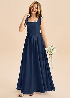 Azazie Delia Junior Abito A-Line in Chiffon Fiocco Marino Scuro image4