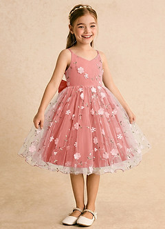 Azazie Junebug Flower Girl Dresses Salmon Pink Ball-Gown Spaghetti Strap Tulle Dress image5