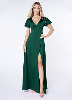 Azazie Lani Robes de demoiselle d'honneur Robe Trapèze en Satin extensible Manche à volants émeraude image1