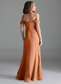 Azazie Amyra Junior Copper Sheath Off the Shoulder Stretch Satin Dress image5