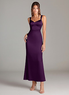 Azazie Denice Bridesmaid Dresses Grape Sheath Pleated Stretch Satin Dress image3