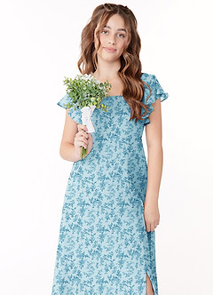 Azazie Bondi Junior Blue Fern Floral A-Line Bow Chiffon Dress image4