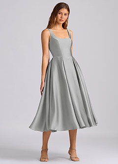 Azazie Amalie 신부 들러리 드레스 A라인 주름진 스트레치 새틴 티 길이 드레스 image1