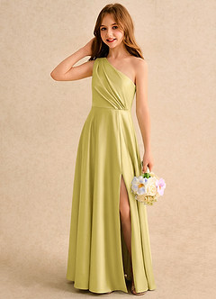 Azazie Puddles Girls Formal Robe Demoiselle D'honneur Fillette Robe Trapèze en Satin extensible Asymétrique Canari image3