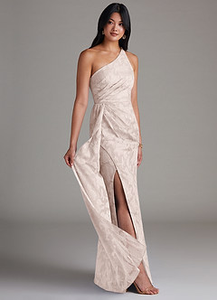 Azazie Mika Bridesmaid Dresses Blushing Pink Sheath One Shoulder Floral Burnout Dress image2