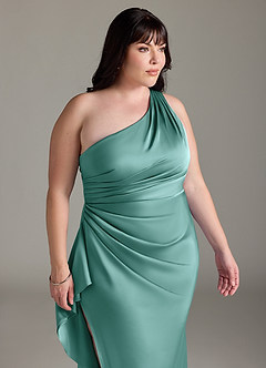 Azazie Latrice Robes de demoiselle d'honneur Robe Fourreau en Satin extensible Volants en cascade à une épaule Aqua image11
