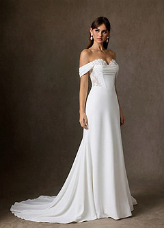 Azazie Ganelle Bröllopsklänningar Klä av A-Linje i Crepe baksida satin Älskling Halsringning Diamant Vit Champagne image1