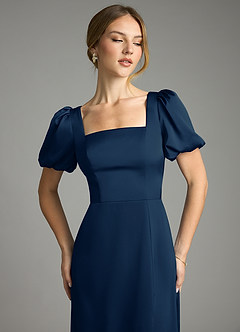 Azazie Fyona Bridesmaid Dresses Dark Navy A-Line Pleated Stretch Satin Dress image6