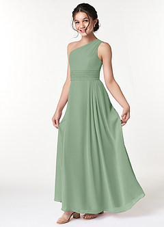 Azazie Cleo Junior Abito A-Line in Chiffon Plissettato Matcha image1