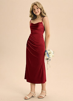 Azazie Mai Junior Osłona Pofałdowany Satyna elastyczna Długość herbaty Młodsza druhna Sukienka image1