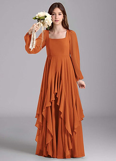 Azazie Clara Junior Cinnamon A-Line Blouson Chiffon Dress image3