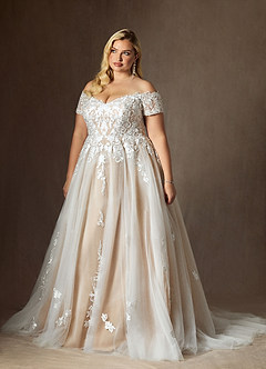 Azazie Rowe Wedding Dresses Diamond White Caramel Ball-Gown Off the Shoulder Tulle Dress image11