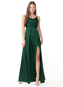 Azazie Naomie Robes de demoiselle d'honneur Robe Trapèze en Satin extensible Col bénitier fendu sur le côté Vert Foncé image1