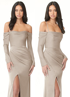 Azazie Hallie Bridesmaid Dresses Frost Sheath Off-The-Shoulder Long Sleeve Stretch Satin Convertible Dress image8