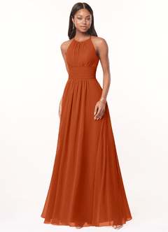 Azazie Bonnie Robes de demoiselle d'honneur Robe Trapèze en Mousseline de soie Trou de serrure froncé Orange Brûlée image1