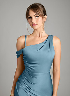 Azazie Madelyn Vestidos de damas de honor Vestido de Bermudas de Satén Elástico de Corte Sirena Convertible con Hombro unilateral image3