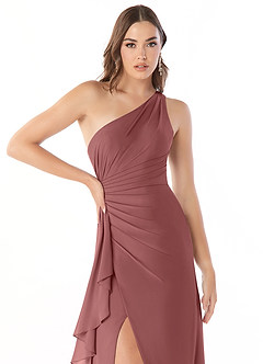 Azazie Maive Vestidos de damas de honor Vestido de Amatista de Gasa de Corte Recto con Volante plisado image5