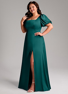 Azazie Fyona Bridesmaid Dresses Peacock A-Line Pleated Stretch Satin Dress image5