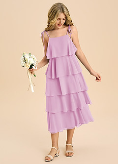 Azazie Shortcake Junior Vestido de Rosa Caramelo de Gasa de Corte en A con Lazo image3