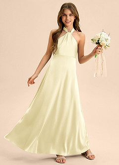 Azazie Beah Junior Robe Trapèze en Satin extensible Plissée Sorbet Citron image5