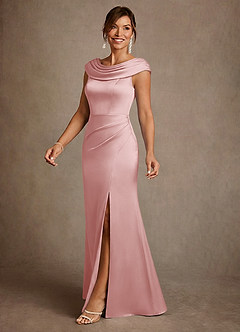 Azazie Irvine Mère de la mariée Robes Robe Trapèze en Satin extensible Plissée Rose Poudré image1