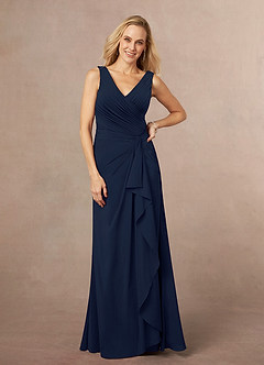 Azazie Evy Mother of the Bride Dresses Dark Navy A-Line Pleated Stretch Chiffon Dress image1