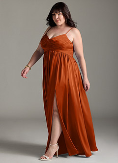 Azazie Alia Vestidos de damas de honor Vestido de Naranja Quemada de Satén Elástico de Corte en A con Plisado image13