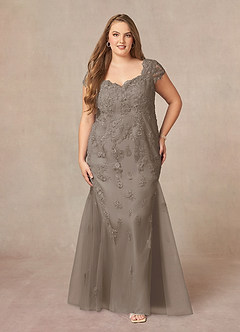 Azazie Marbella Mother of the Bride Dresses Taupe Mermaid Queen Anne Sequins Lace Dress image8