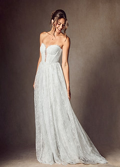 Azazie Lorena Wedding Dresses Diamond White A-Line Strapless Lace Dress image7