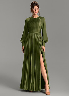 Azazie Grayson Vestidos de damas de honor Vestido Oliva Brillante de Satén Elástico de Línea A con Manga larga image1