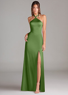 Azazie Elliana At-home Try On Dresses Dusty Blue Sheath Side Slit Stretch Satin Dress image4