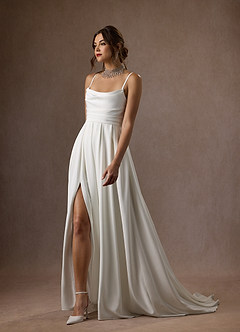 Azazie Caymus Wedding Dresses Diamond White A-Line Scoop Pleated Crepe Back Satin Dress image3