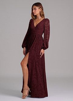 Azazie Norah Jurken voor bruidsmeisjes Jurk van Bloemen Burn-out met A-Lijn Lange mouw Cabernet image3