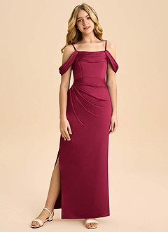 Azazie Saige Junior Robe Fourreau en Satin extensible Épaule décolletée Bourgogne image3