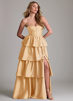 Azazie Faye Bridesmaid Dresses Gold A-Line Ruched Stretch Satin Dress image4